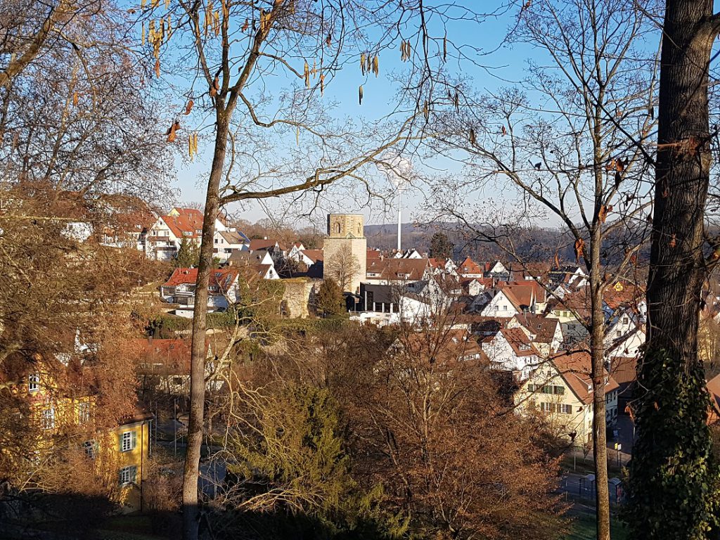 Blick beim Wandern auf die Heidenburg in Hofen