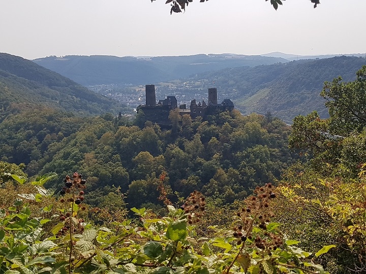 Blick beim Wandern auf dem Mosel Camino auf die Burg Thurant