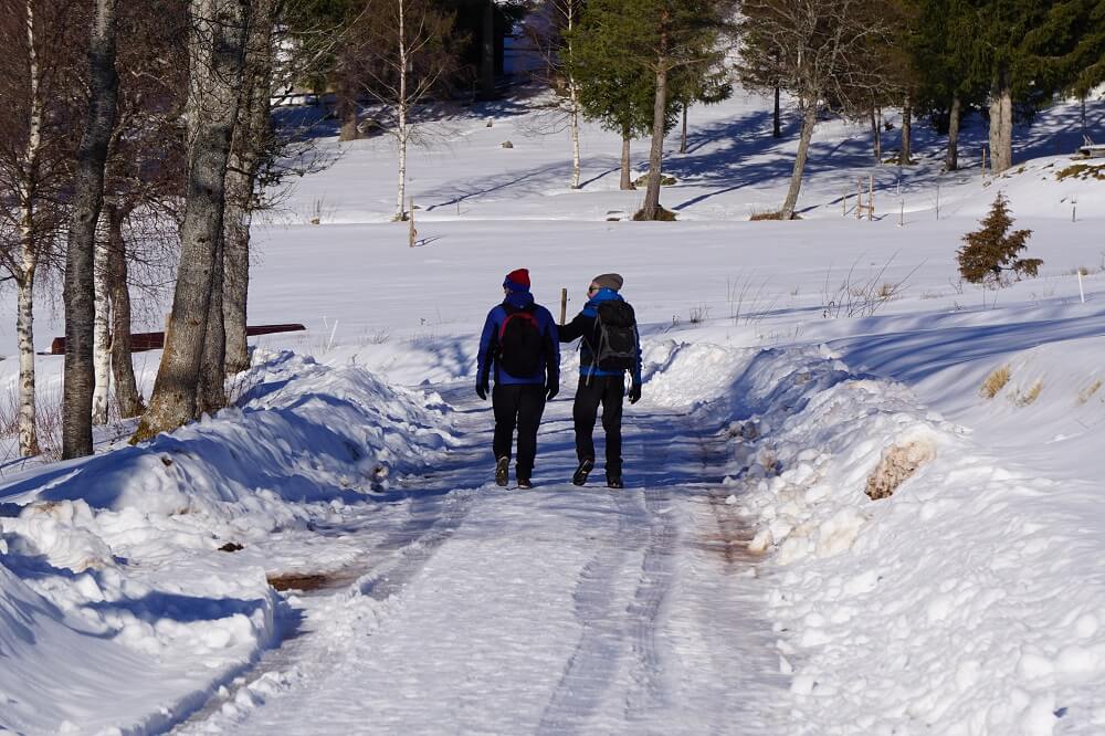 Wanderer auf verschneitem Winter-Wanderweg