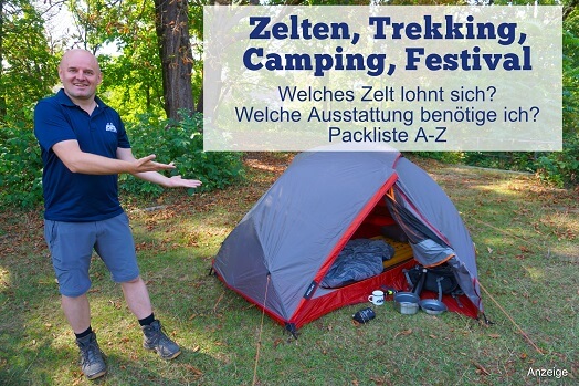Mann präsentiert Grundausstattung zum Zelten, Camping, Trekking, Festival-Besuch