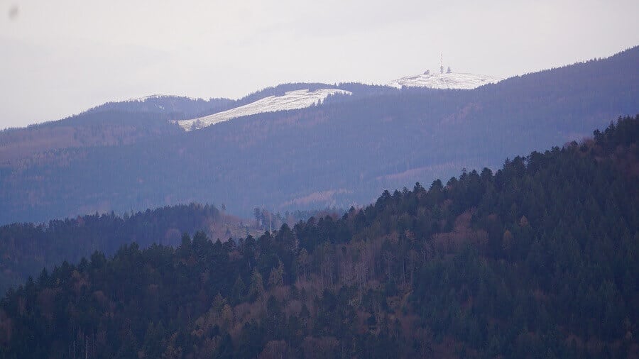 Blick auf den mit Schnee bedeckten Feldberg im Schwarzwald
