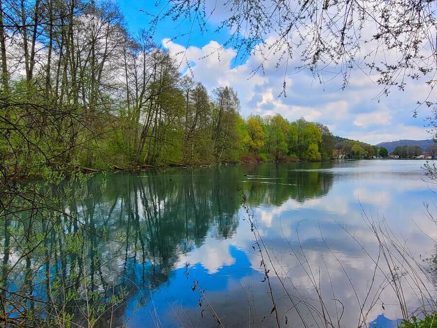 Bäume und Wolken spiegeln sich auf der Oberfläche eines Sees