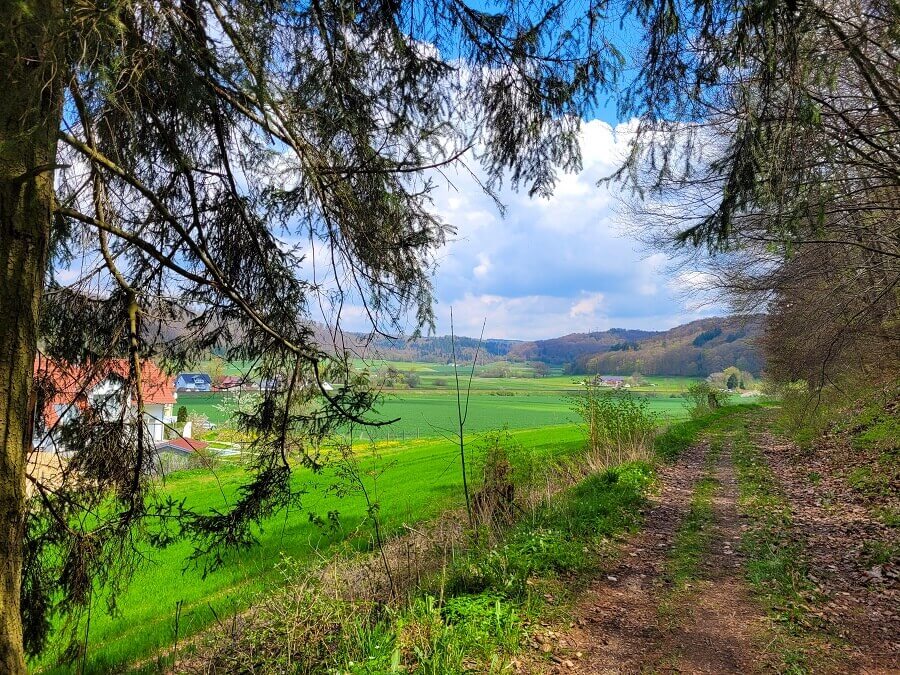 Wanderweg zwischen Wald und Feldern