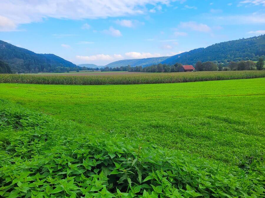 Blick über Felder und Wiesen im Altmühltal. Blick über Felder in einem Tal